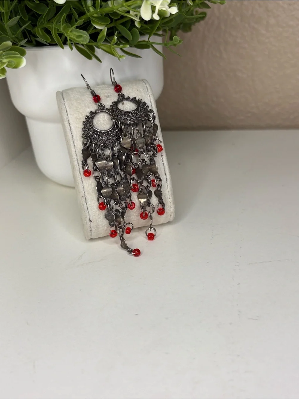 Vintage Boho Silver Chandelier Dangle Earrings Red Bead Fringe Statement